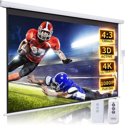 Projector Screen Motorized 120 Inch 4:3 HD Electric Projector Screen Pull down with Remote, Automatic Projector Screens Wall Ceiling Mount Movie Screens for Projectors Outdoor Indoor, White