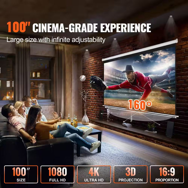 Projector Screen 100 In. Retractable Pull down Projector Screen 16:9 4K, Auto-Locking Portable Movie Screen Manual