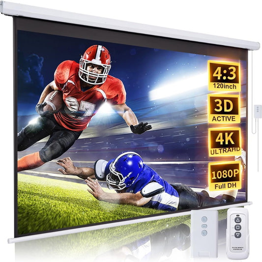Projector Screen Motorized 120 Inch 4:3 HD Electric Projector Screen Pull down with Remote, Automatic Projector Screens Wall Ceiling Mount Movie Screens for Projectors Outdoor Indoor, White