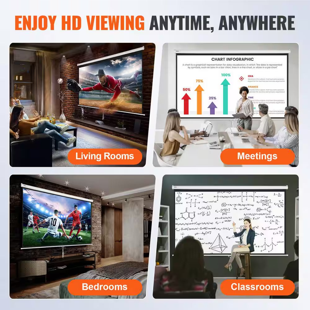 Projector Screen 100 In. Retractable Pull down Projector Screen 16:9 4K, Auto-Locking Portable Movie Screen Manual