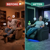 Home Theater Seat - Nappa Leather Power Recliner with Cool Gel Memory Foam, USB-C/A Charging, RGB LED Lights, Adjustable Lumbar & Headrest (Single Recliner,Black) — Before & After