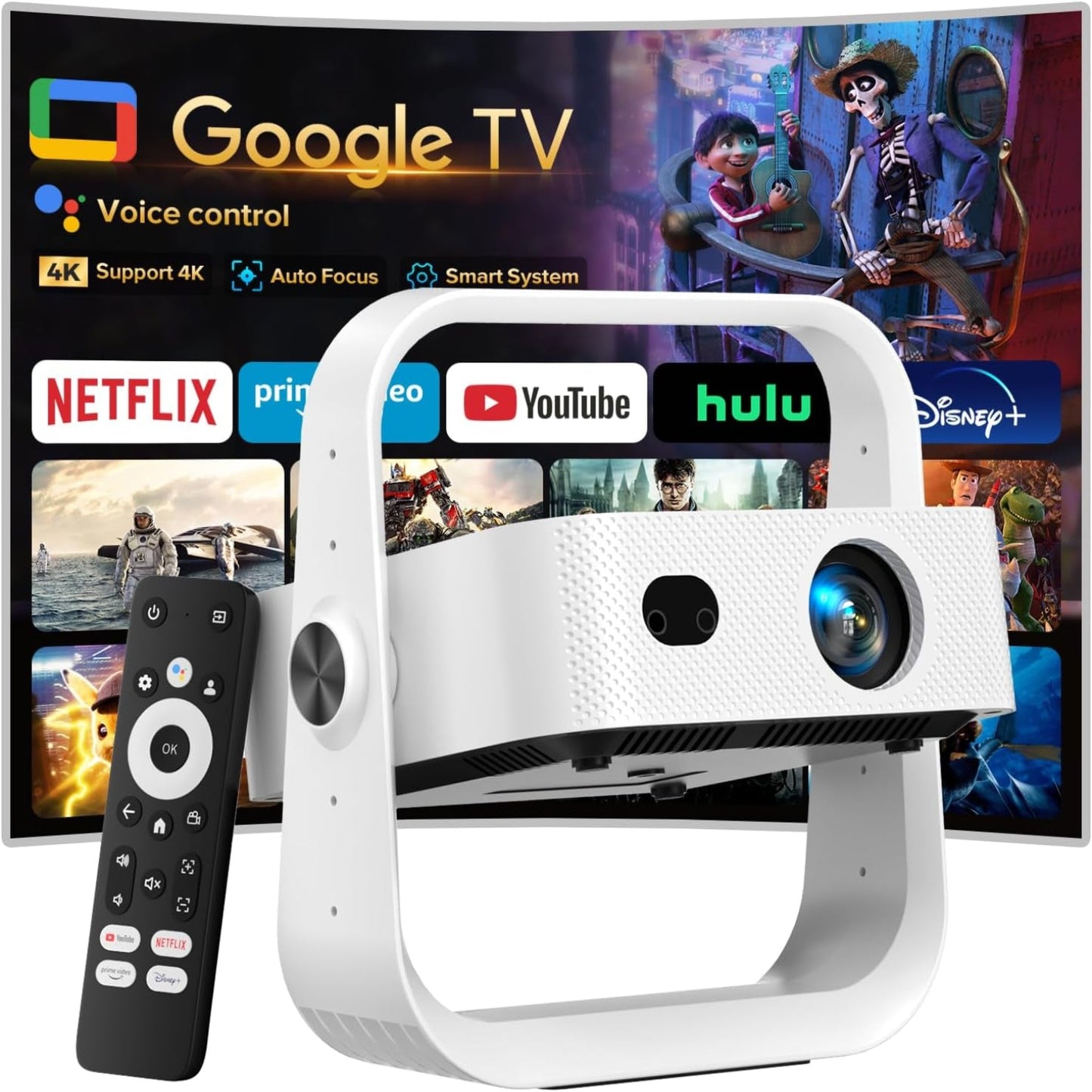 [Official Licensed Google TV] Projector, Smart 4K&1080P Projector with Wifi and Bluetooth, Auto Focus & Keystone, Voice Control Movie Video Projector, Home Projector with 360° Rotating Stand