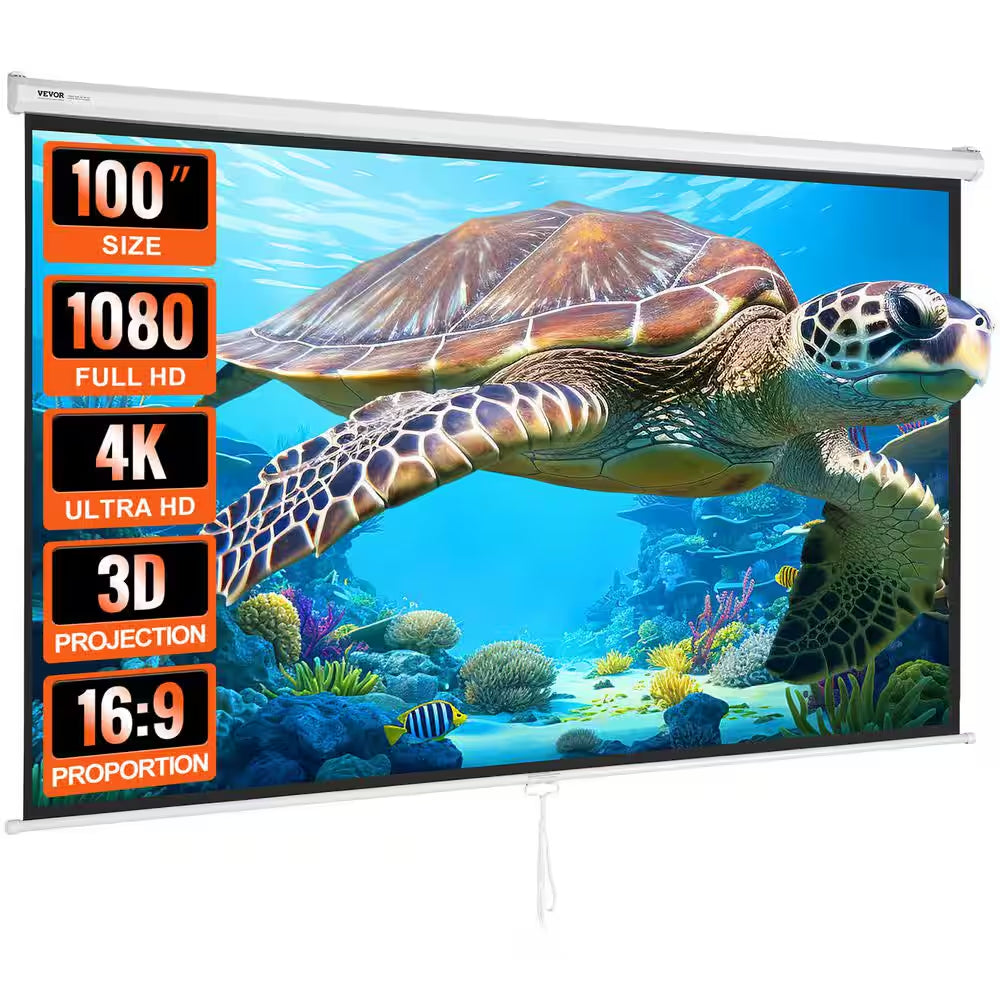 Projector Screen 100 In. Retractable Pull down Projector Screen 16:9 4K, Auto-Locking Portable Movie Screen Manual
