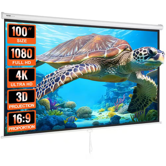 Projector Screen 100 In. Retractable Pull down Projector Screen 16:9 4K, Auto-Locking Portable Movie Screen Manual