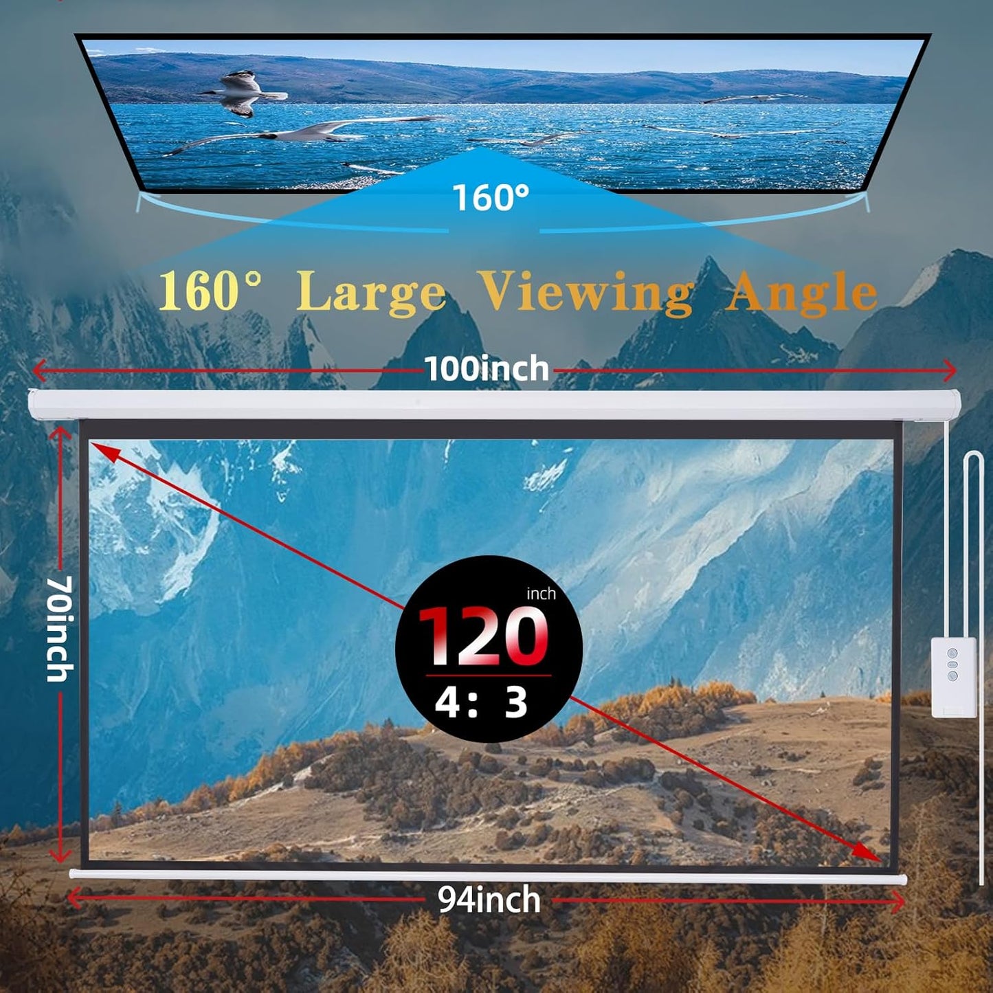 Projector Screen Motorized 120 Inch 4:3 HD Electric Projector Screen Pull down with Remote, Automatic Projector Screens Wall Ceiling Mount Movie Screens for Projectors Outdoor Indoor, White